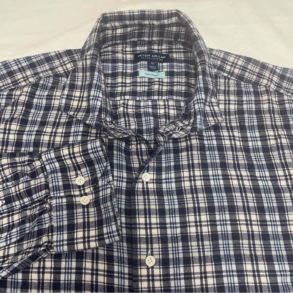 Peter Millar Crown Blue White Plaid Shirt Italian Flannel Long Sleeve Men’s XL